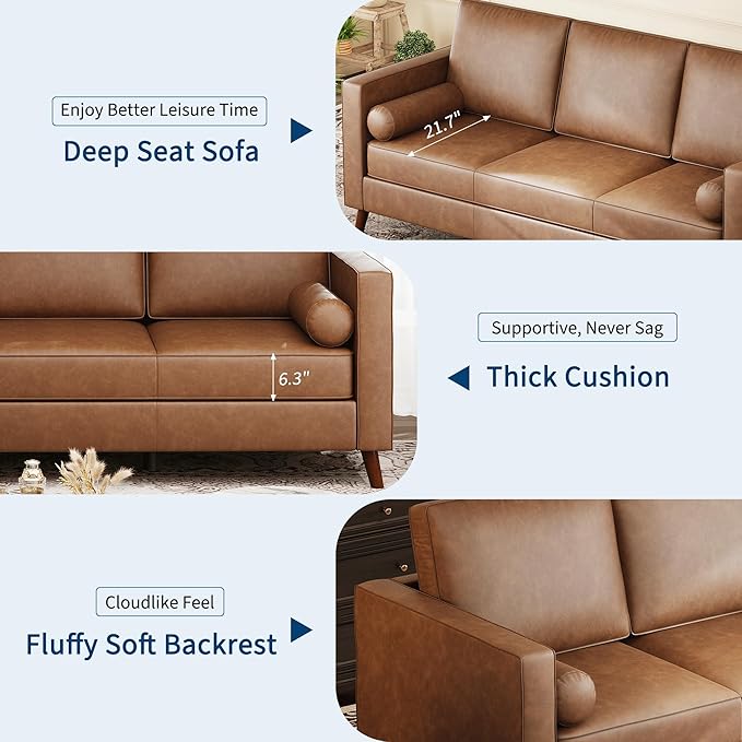 GAOMON 81 Leather Couch for Living Room Mid Century Modern 3-Seater Sofa with Deep Seat Faux Leather Sofa for Apartment Home Office Brown