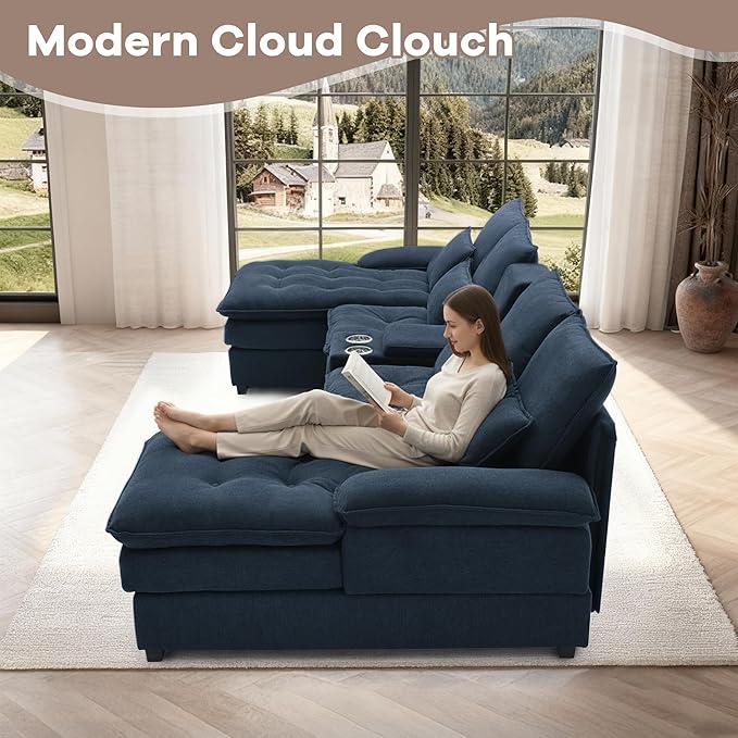 130 U Shaped Cloud Couch Modular Sectional Sofa with Chaise Lounge Comfy Fluffy Cloud Sectional Couches for Living Room Modern Modular Sofa with Central Console (Blue)
