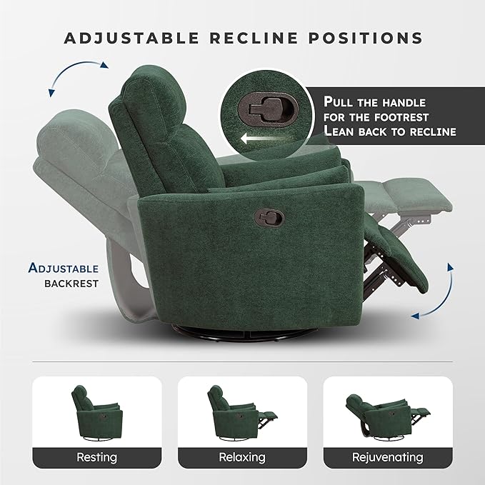 Lexicon Modern Swivel Glider Recliner Chair - Quiet 360 Swivel Chair Durable Microfiber Upholstered 2 Pillows Manual Reclining for Living Room Small Spaces Nursery Apartment Bedroom Green