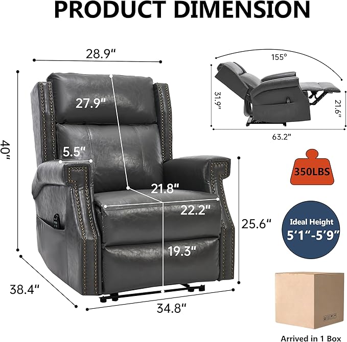 Manual Recliner Chair Faux Leather Push Back Recliners with Vibration Massage Lumbar Heat Living Room Single Sofa Reclining Rivet Design Chair Gray