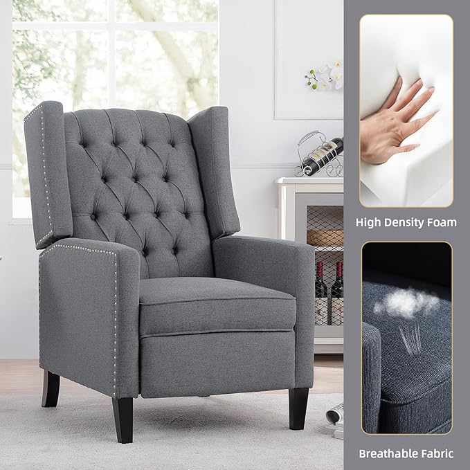 Wing Back Recliner Chair for Living Room Push Back Reclining Chairs Club Accent Chair Lounge Armchair Comfy Fabric Arm Chair with Rivet Decoration Tufted Back Solid Wood Legs Grey