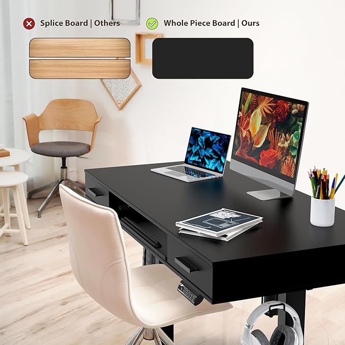 SHW 48-Inch Electric Height Adjustable Desk with Keyboard Tray and 2 Drawers Black