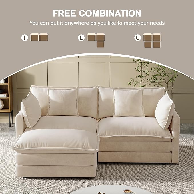 Modular Sectional Sofa 76.7 Inch L-Shaped Cloud Sofa with Deep Seat Comfortable Chenille Sofa with Cushion Double Sectional Sofa for Living Room ApartmentLight Coffee