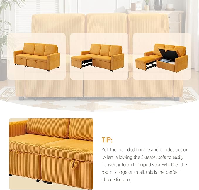 Convertible Sectional Sofa Couch 71 Corduroy Fabric Modern 3 Seater L-Shaped Sofa with Reversible Chaise &amp Seats Storage Deep Seat Sleeper Couch for Living Room Small Spaces Yellow