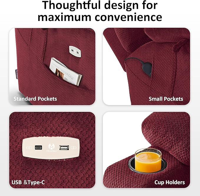MCombo Triple Motor Power Lift Recliner Chair with Massage and Dual Heating Adjustable Headrest for Elderly People Fabric 7632 (Burgundy Medium)