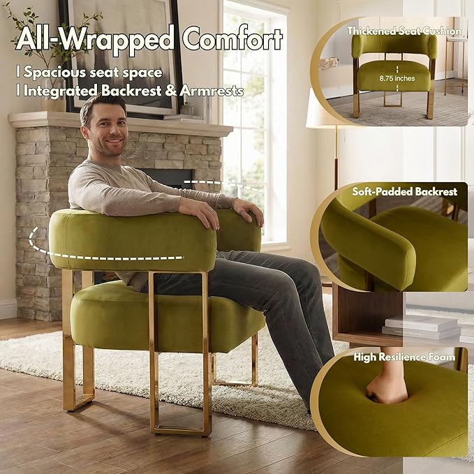 Modern Barrel Accent Chairs Set of 2 Comfy Upholstered Velvet Armchairs for Living Room with Semi-Open Back Reading Accent Chairs with Gold Metal Legs for Bedroom Vanity Reception Olive Green