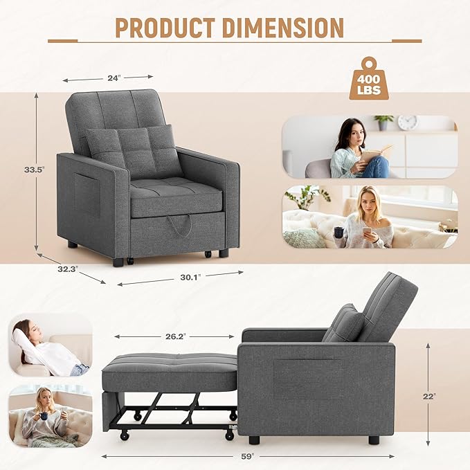 Flamaker Sofa Bed Sleeper Sofa 3-in-1 Adjustable Couch Bed with Modern Linen Fabric Convertible Sleeper Chair Couches for Living Room Apartment and Small Space (Graphite Gray)