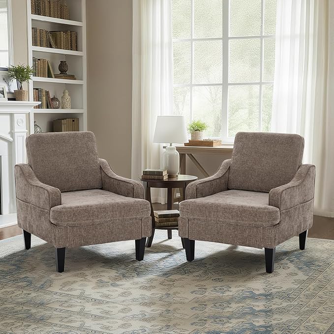 Modern Accent Chairs Set of 2 Upholstered Reading Chair for Bedroom with Side Pockets Comfy Living Room Chairs Living Room Armchair for Office Apartment (Brown Chenille)