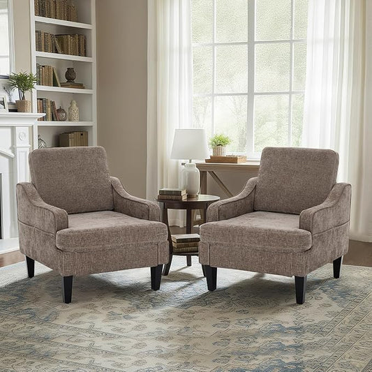 Modern Accent Chairs Set of 2 Upholstered Reading Chair for Bedroom with Side Pockets Comfy Living Room Chairs Living Room Armchair for Office Apartment (Brown Chenille)