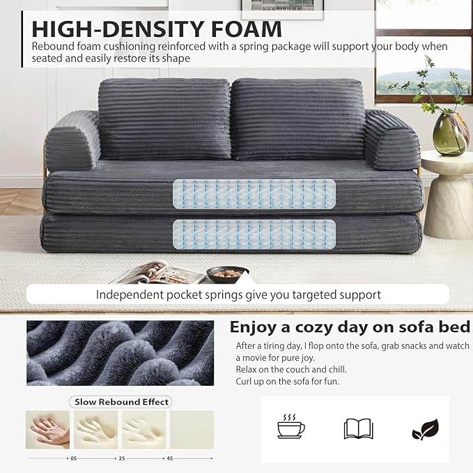 80” Convertible Sleeper Sofa Bed High Back Plush Corduroy Boneless Futon Loveseat with Pull Out Bed Fixed-Shape Folding Floor Mattress Couch No Assembly Required (Grey)