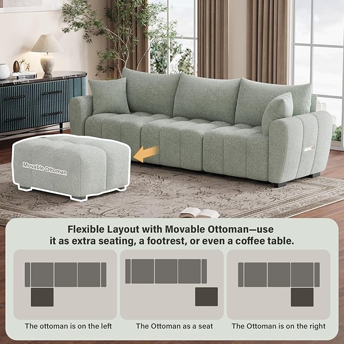 110 L Shaped Modern Boucle Sofa Modular Sectional Cloud Couch with Ottoman Tufted 4-Seat Deep Seat Sofa with Pillows for Living Room Bedroom and Apartment Light Green