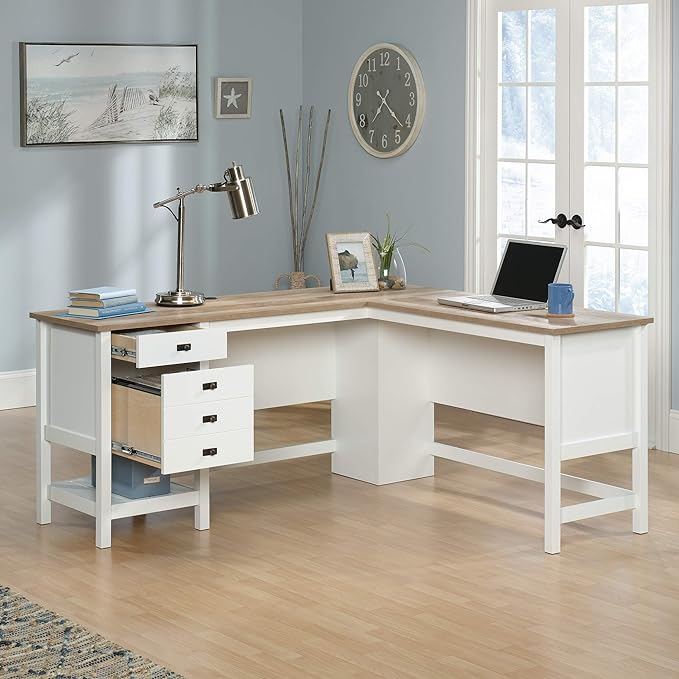 Sauder Cottage Road L Shaped Desk Computer Desk with Drawers Home Office Desk with Optional File Cabinet Storage Cable Management in Soft White Finish