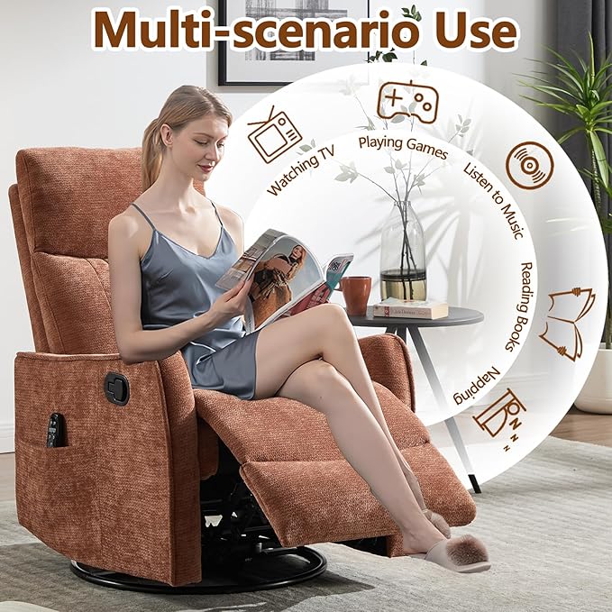 Massage Recliner Chair with Heat Slim Recliners for for Adults Swivel Rocking Chair Recliner with High Back Small Recliner Chair for Small Spaces Living Room Adjustable Footrest (Orange)
