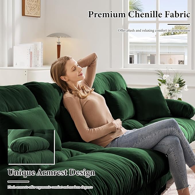 133.8 Oversized Modular Sectional Sofa 3 Seater Green Large Sectional Couches for Living Room Chenille Fabric Sofa Set Cloud Couches Deep Seat Modern Sofas para Sala
