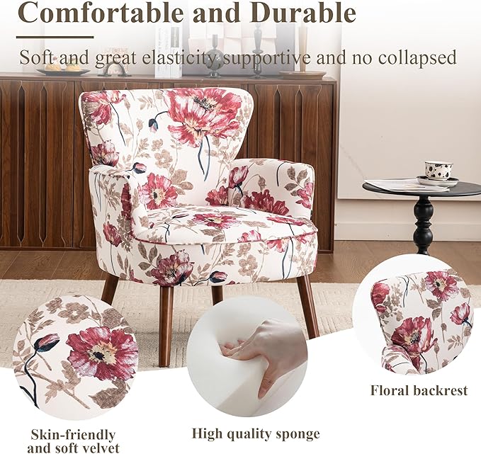 Floral Accent Chair Set of 2 Upholstered Living Room Chairs with Solid Wood Legs Mid Century Modern Velvet High Back Armchair for Bedroom Living Room Pink