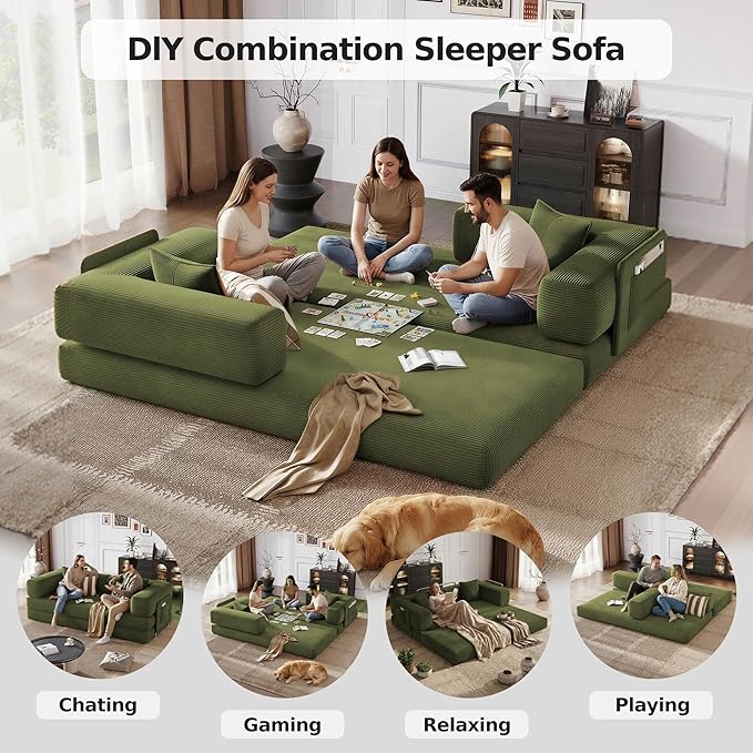78.8 Boneless Sleeper Sofa BedConvertible Futon Couch with Storage Pocket and 2 PillowsModular Corduroy Sofa for livingroomSmall speaceGreen