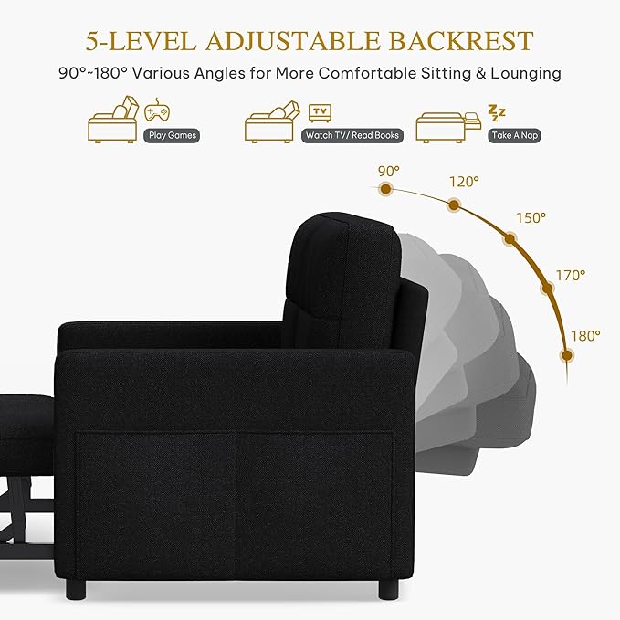 DWVO 55 Convertible Sofa Bed 3-in-1 Sleeper Sofa with Pull-Out Bed Linen Futon Couch with Adjustable Backrest and Side Pocket Modern Loveseat for Living Room Apartment Balck
