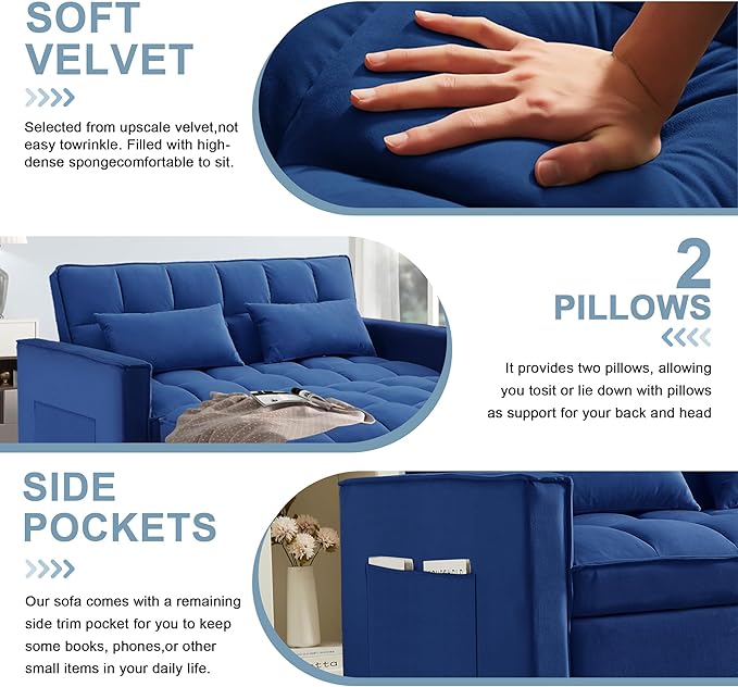 Sleeper Sofa Couch Bed 55.9'' Convertible Velvet Loveseat 3 in 1 Pull Out Sofa Bed with Toss Pillows Pockets Furniture for Living Room Blue