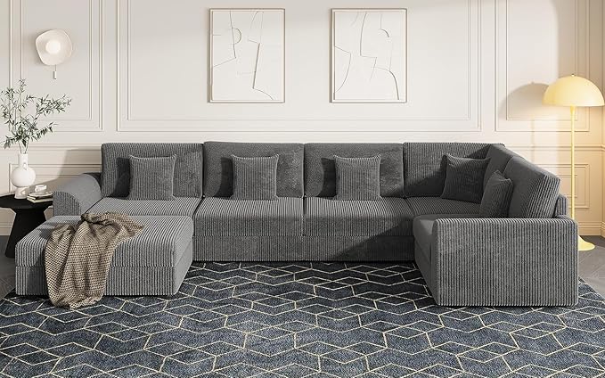 Oversized Modular Sectional Sofa with Storage Modern Sleeper Sofa Extra Deep Seat Comfy Corduroy Cloud Couch with Ottoman and 5 Pillows for Living Room (U Shape Sectional with Storage Grey)