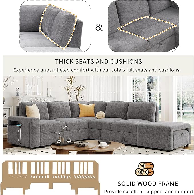 Convertible Sleeper Sectional Sofa with Pull-Out Bed and Storage Space &amp Ottoman Armrest w/USB Ports &amp Cup Holders Corner 6 Person L-Shape Modular Couch for Living Room Apartment (Grey)