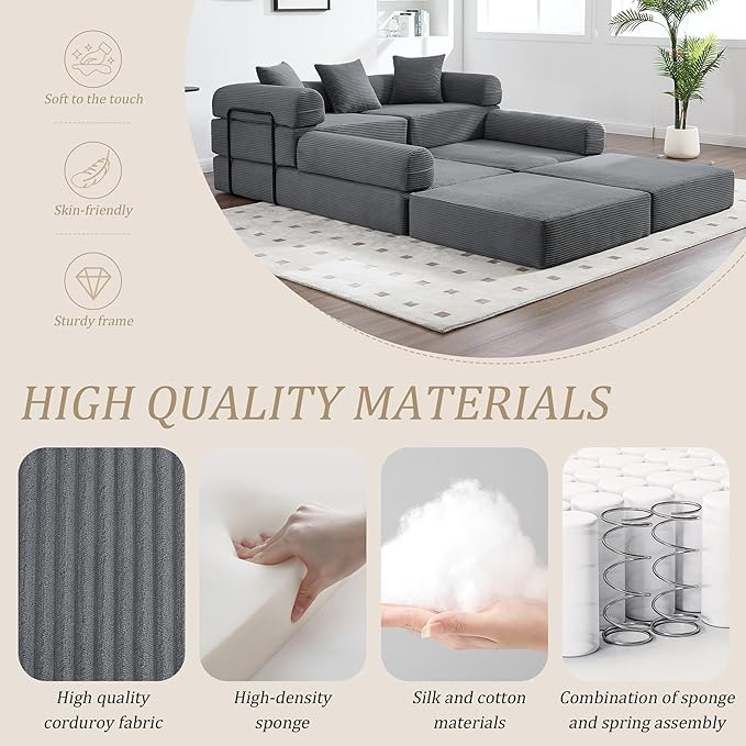 106 Oversized Convertible Sleeper Sofa Bed Corduroy L Shape Sectional Couch Folding Sofa Bed with Side Pocket Modern Cloud Floor Mattress Couch Modular Sofa for Living Room Gray