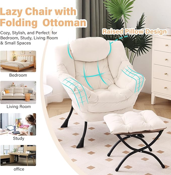 Lazy Chair with Ottoman Modern Chair with Folding Footrest Lounge Accent Chair Comfortable Reading Chair Oversized Armchairs for Bedroom Study Living Room Courtyard (Beige)
