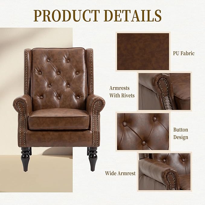 Brown PU Leather Accent Chair Mid-Century Modern Living Room Chairs with Wingback Comfy Upholstered High Back Single Sofa Bedroom Reading Armchair with Solid Wood LegsEasy Assemble (Brown)