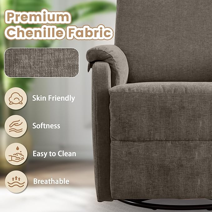 Recliner Chair Swivel Rocking Recliner Chair for Adults Glider Rocking Chair Small Nursery Chair Recliner for Living Room Reclining Chair with Modern-Designed Armrests Chenille Brown