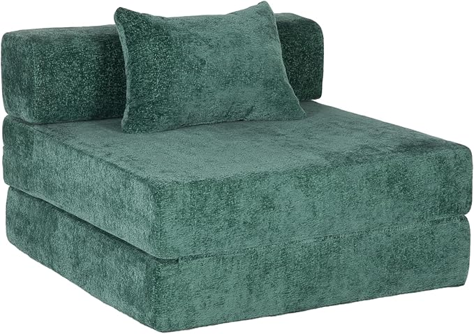 Folding Sofa Bed Convertible Floor Sleeper Chair Comfy Futon Floor Couch 2 in 1 Pull Out Single Boneless Sofa for Living Room Bedroom No Assembly (Chenille Dark Green)