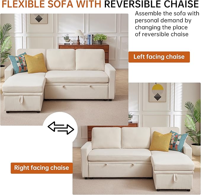 2-in-1 Convertible Sofa with Pull Out Bed 76 L Shaped Comfy Sectional Couch 3-Seater Sleeper Sofa with Reversible Storage Chaise for Living Room Beige