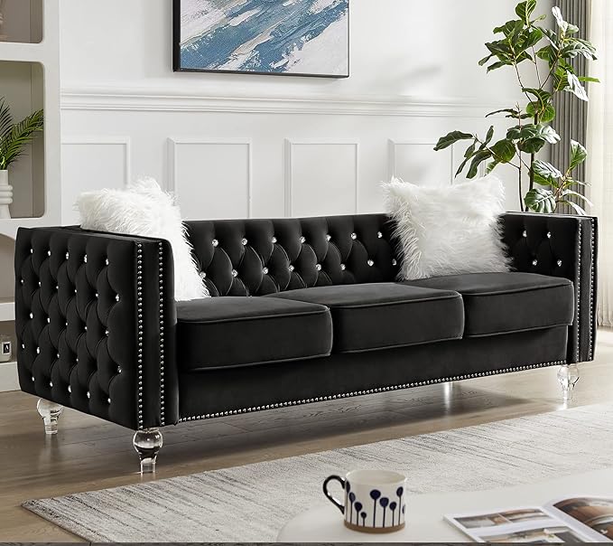 Mikibama Velvet 3 Seater Sofa Couch with Buttons and Square Arms 83.07 Inch Tufted 3-seat Sofas with Trimmed Nailhead and Acrylic Legs Modern Couches for Living RoomBedroom (Black-crystal Legs Sofa)