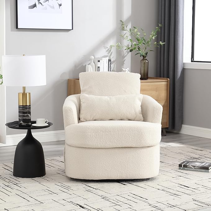 Swivel Barrel Chair Comfy Round Accent Sofa Chair for Living Room 360 Degree Swivel Barrel Club Chair Leisure Arm Chair for Nursery Hotel Bedroom Office Lounge (WhiteTeddy)