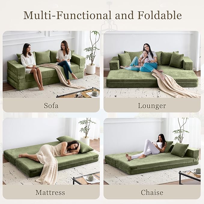 79 Convertible Folding Sofa Bed Queen Sleeper Sofa Couch with Armrest and Pillows Chenille Fold Out Floor Chaise Lounge Comfy Foldable Futon Mattress For Living Room Bedroom (Green 7.87)