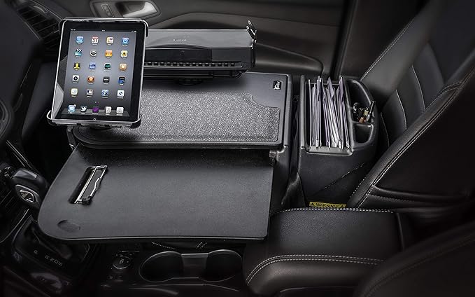 AutoExec AE-GMCD-PI-TAB-PS-BT GripMaster Car Desk for Your Vehicle Workstation and Mobile Office Black with 400 watt Power InverterTablet Mount and Printer Stand