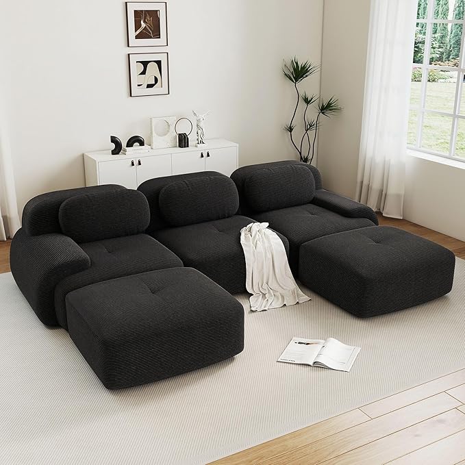 117 Foam Compressed Cloud Sofa28 Feep Seat Pet-Friendly Corduroy Oversize Sectional Couch with 2 Movable Ottomans 3 Seater Modular Cloud Couch for Living Rooms Apartments Leisure RoomsBlack