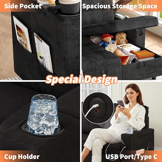 Garvee Couches for Living Room 84'' Sofa Bedl-Shaped Sectional Sleeper Sofa with Pull Out BedReversible Storage Chaises Hidden Storage ArmrestsCup Holders &amp USB Charging Ports