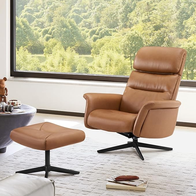CHITA Genuine Leather Self-Weight Reclining Swivel Chair with Adjustable Headrest and Ottoman for Living Room Office Saddle