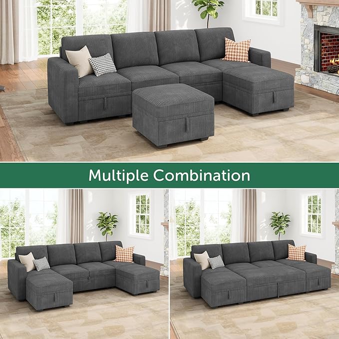 HONBAY Modular Sectional Sleeper Sofa Bed Corduroy Pull Out Couch with Storage Ottoman U Shaped Sectional Couches for Living Room Dark Grey