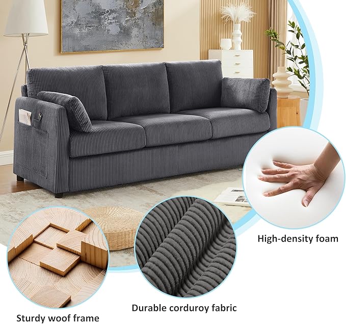 79 L Shaped Couch with Storage Ottoman 3 Seater Corduroy Sofa with 2 Pillows and Storage Pockets Convertible Small Couches for Living Room Apartment Small Spaces Home Office Grey