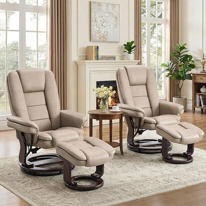 Argus Swivel Recliner with Ottoman PU Leather &amp Wood Base Reclining Chair with Footrest Ultra-Plush Double Foam for Living Room Bedroom and Office Set of 2