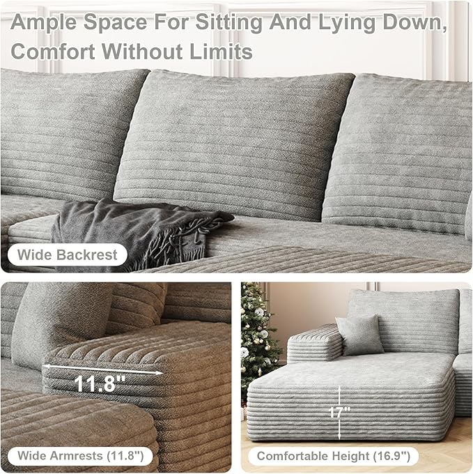107.5 U Shaped Boneless Couch with Chaise ‌and Ottoman‌ Oversized Modular Sectional Sofa with Deep Seat Corduroy Cloud Couches for Living Room No Assembly Required Grey | Oversized Modular Deep