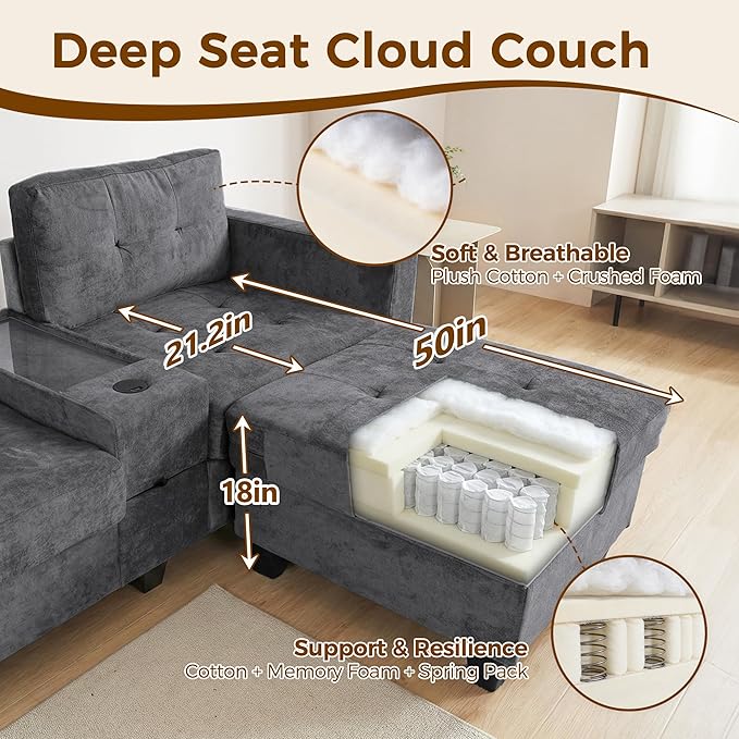 103'' Modular Sectional Sofa couch with 2 Acrylic Consoles Oversized U Shaped Couch Set with USB Charger Storage DrawersPockets and Movable Ottoman Chenille Sectional Couches for Living Room Gray