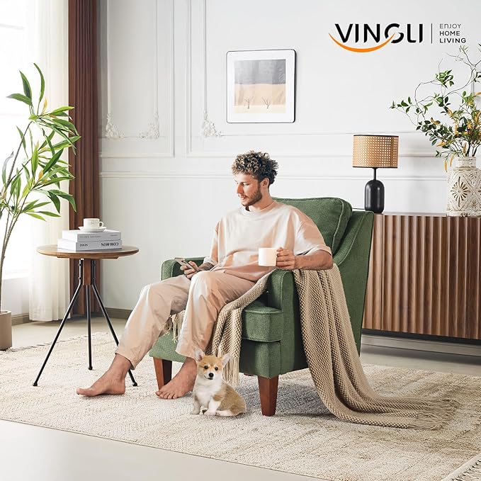 VINGLI Mid-Century Accent Chairs Green Upholstered Armchair Comfy Sofa Chair Reading Chair High Back Living Room Bedroom Furniture for Apartment