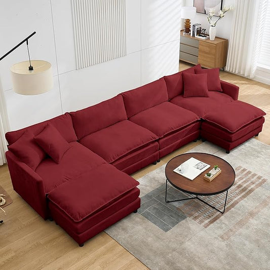 Modular Sectional Sofa143.31'' Modern Sofa Sleeper CouchComfy Cloud Couches with 4 Seat &amp 2 Ottoman &amp 4 Pillows Sofa SetDeep Seat Sofa with Movable Ottoman for Living RoomChenille (Red U