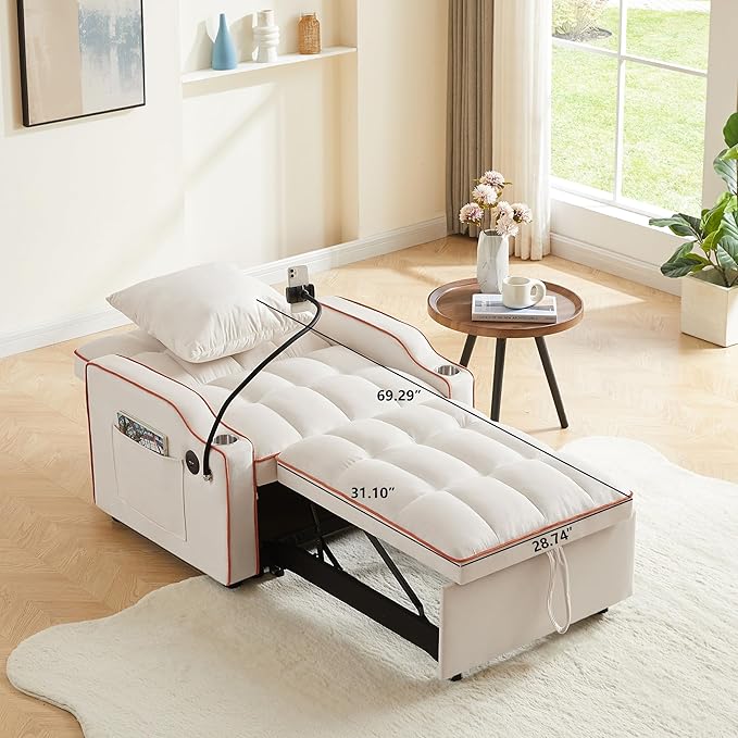 3 in 1 Convertible Sleeper Sofa Bed with Phone Holder 35'' Pull Out Sofa Bed Recliner with Adjustable Backrest Velvet Fabric Sleeper Couch Single Modern Chair for Small Space &amp RV Beige