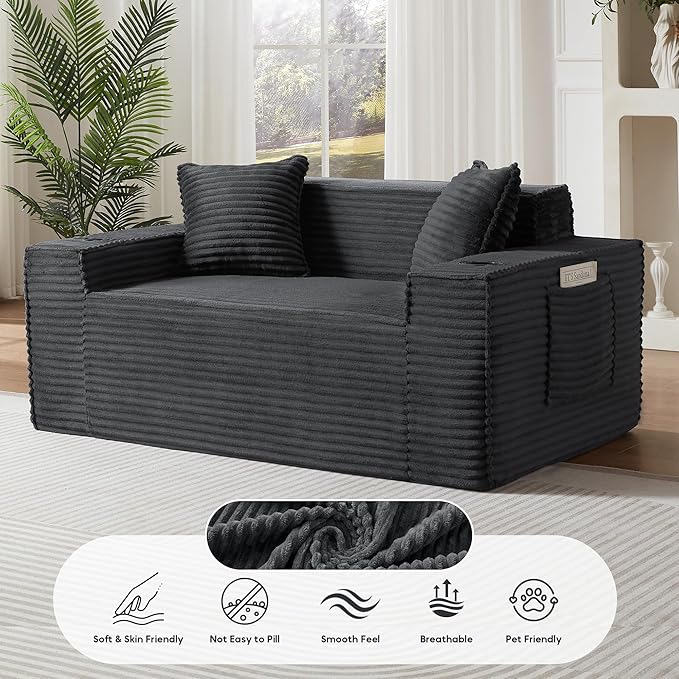 Boneless Sectional Sofa Couch with Cup Holders &amp Side Pockets Modern Corduroy Fabric Deep Seat Loveseat Cloud Couch for Living Room Office No Assembly (Grey)