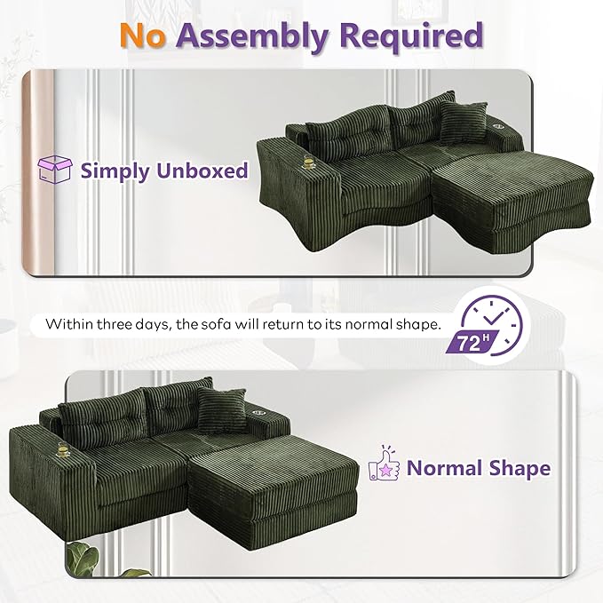 TYBOATLE Modular Cloud Sofa Loveseat with Ottoman Modern Corduroy Boneless Sectional Foam Couch with Deep Seats Convertible Sleeper Sofa Bed for Living Room No Assembly (Forest Green 2 Seat)