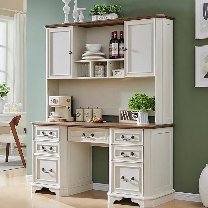 T4TREAM 59 Farmhouse Executive Desk with HutchWood Home Office Computer Desk Featuring Keyboard TrayCharging StationFile Drawer Storage Cabinetfor Work and Study (Antique White)