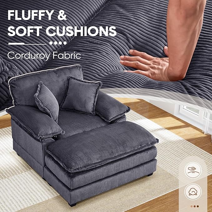 Oversized Chaise Lounge Indoor 56.3 Big Comfy Modern Sleeper with Removable Ottoman Wide Armrest and 2 Pillows Corduroy Couch with Deep Seat Lounge Chair for Living Room Reading Bedroom (Grey)