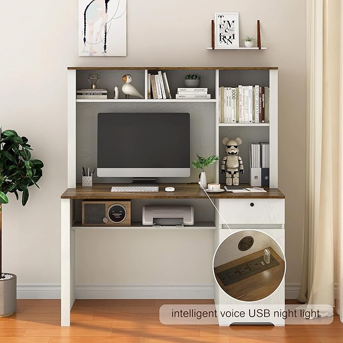Computer Desk with Hutch BookshelfWood Executive Desk Teens Student Desk Writing Laptop Home Office Desk with Drawers3 AC Outlets and 2 USB Charging PortsStudy Laptop Table for Home
